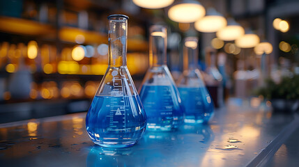 Three glass conical flasks filled with blue liquid on a lab bench, with a blurred background of shelves and warm lighting.