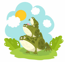 Toad family, toads sitting on each other, sky, clouds, sun, grass, frogs, vector illustration