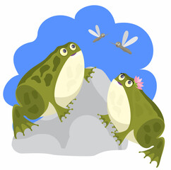 Two toads on a stone watching mosquitoes, vector illustration
