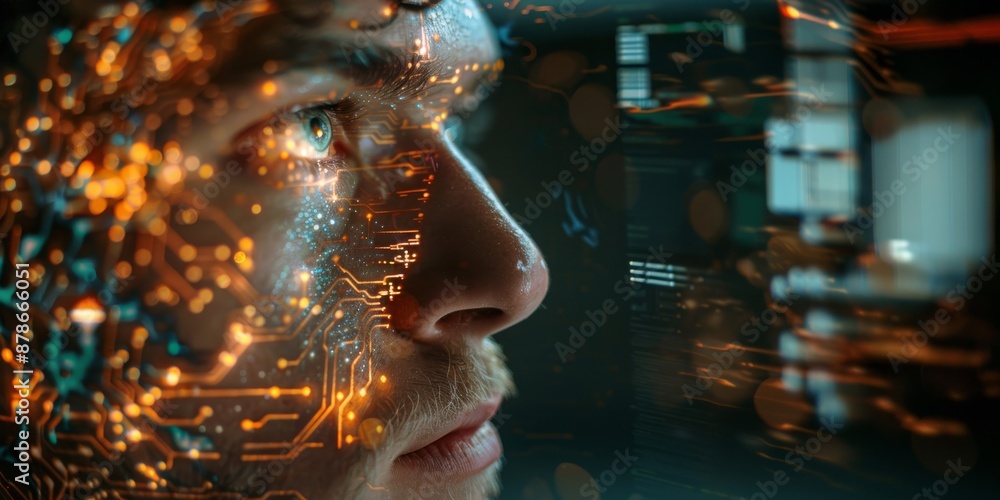Poster man immersed in digital circuitry. a man’s face with glowing circuitry overlay, symbolizing the inte