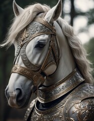 Fototapeta premium horse knight, portrait, finely detailed armor, intricate design, silver, silk, cinematic lighting, dramatic lighting, 4k 
