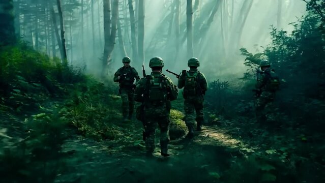 Troops from the military army's tactical squad and commando unit are going carefully through a woodland.