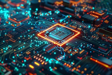 Obraz premium Glowing Circuit Board with Orange and Blue Lights