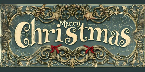 Greeting card with gothic lettering Merry Christmas. Religious holiday and text graphic concept. For Christmas celebration. Vintage illustration for greeting card, postcard, invitation, banner