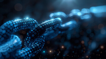 Blue digital chain with binary code on dark background, concept of blockchain technology and cyber security