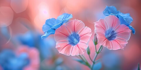 Obraz premium Close-up of vibrant morning glory flowers against a dreamy bokeh background. Great for nature and floral themes.