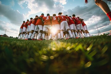 Group of soccer players standing closely in a circle on the field, showcasing team unity and camaraderie, Capture the camaraderie of a team huddle on the field