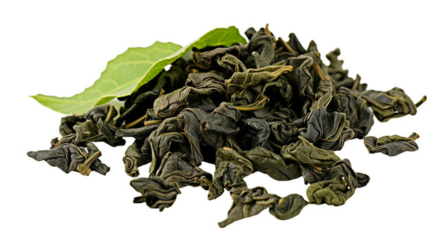 Black tea leaves pile. Dried leaf on transparent png background.


