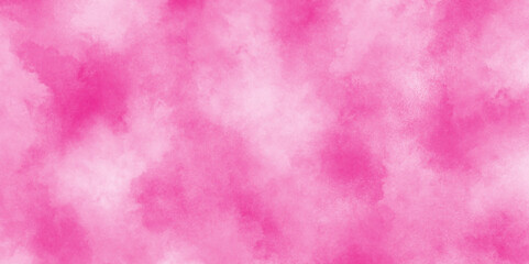 Paint leaks and ombre effects hand painted cloudy pink paper texture, Soft smeared aquarelle painted pink texture, Abstract pink sky background and white clouds on pink canvas.