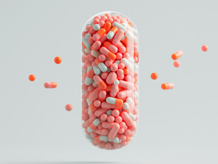 Transparent Capsule Filled with Pink Pills on Minimalist Grey Background
