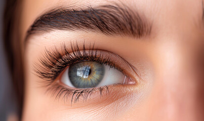Obraz premium Eyelash extensions. Beautiful female eye close-up. Long luxurious eyelashes. Beauty concept. False eyelashes. Makeup, Cosmetics, Beauty. Macro. Place for text. Copy space