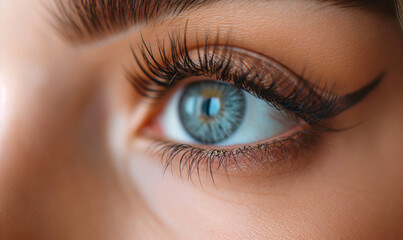 Fototapeta premium Eyelash extensions. Beautiful female eye close-up. Long luxurious eyelashes. Beauty concept. False eyelashes. Makeup, Cosmetics, Beauty. Macro. Place for text. Copy space