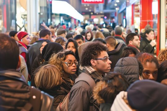 A crowd of shoppers bustling around each other during Black Friday sales, Capture the chaotic energy of Black Friday shopping crowds