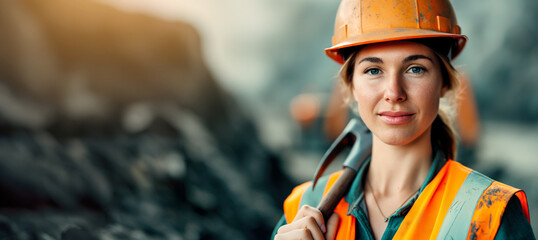 Female miner wearing a hard hat and safety vest. Banner with copy space