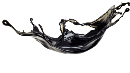 Black oil with splashes on transparent png background.