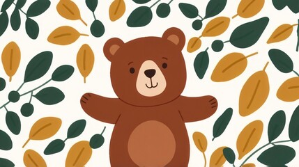 flat illustration cute bear with jungle background