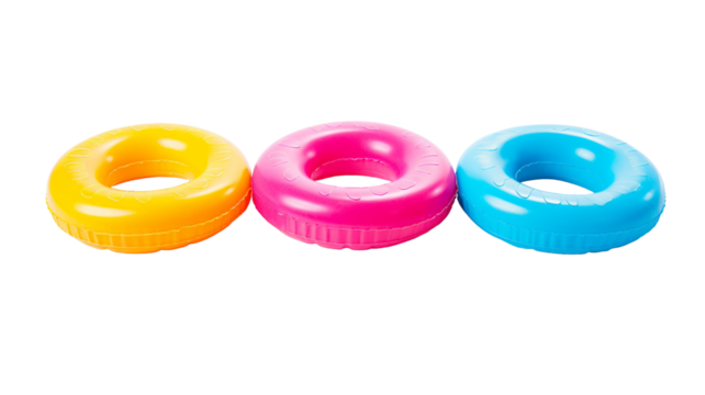 Three summer floaters swimming rubber round toy colorful collection for sea, beach and pool swim ring.


