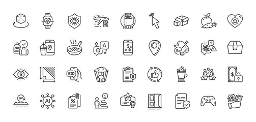 Stress, Private payment and Tax documents line icons pack. AI, Question and Answer, Map pin icons. Cursor, Package box, Augmented reality web icon. Vector