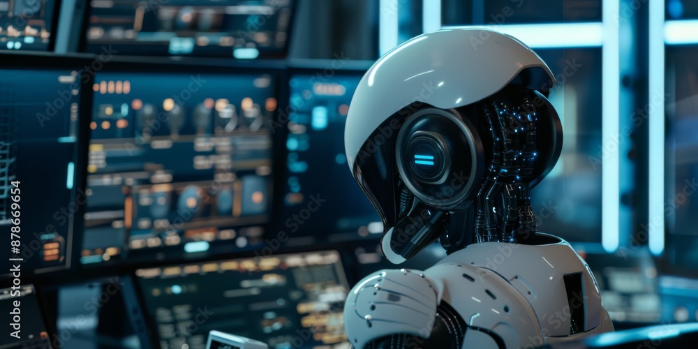 Poster an artificial intelligence robot is displayed in an advanced control room, demonstrating computing a