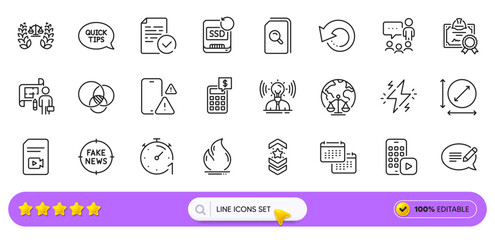 Certificate, Justice scales and Compliance line icons for web app. Pack of Magistrates court, Message, Timer pictogram icons. Recovery ssd, Fire energy, Power signs. People chatting. Vector