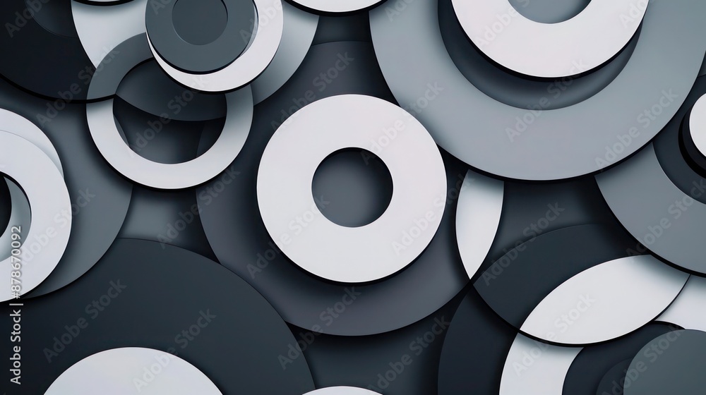 Poster An abstract background with circular geometric patterns in a monochromatic scheme, including shades of black, grey, and white, arranged to create a tranquil, flowing visual effect.
