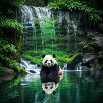 panda reflected on waterfall