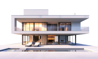 A large white house with a pool and a balcony isolated on a white background