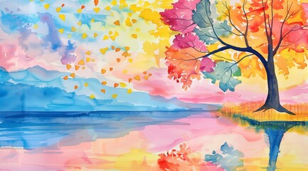 Obraz na płótnie Canvas Watercolor Rainbow Tree with Pastel Sky and Reflection