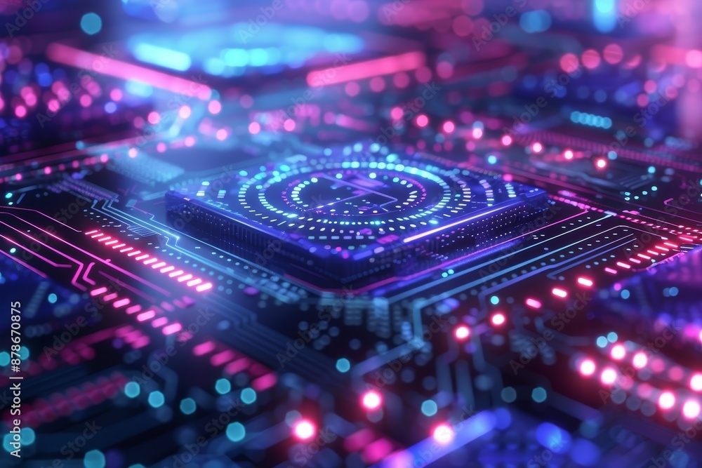 Poster a computer circuit board illuminated by colorful lights in the background, capture the essence of a 