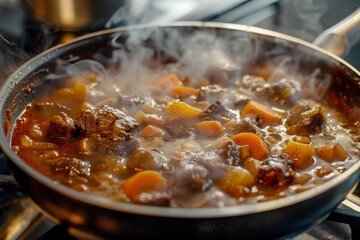 A pot filled with stew simmering on a stove, emitting savory aromas, Capture the essence of a hearty beef stew simmering on a stove