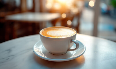Delicious hot aromatic coffee in a white cup on a table in a cafe. Good morning concept. Morning sunlight. Dawn. Cappuccino with cassava foam. Place for text