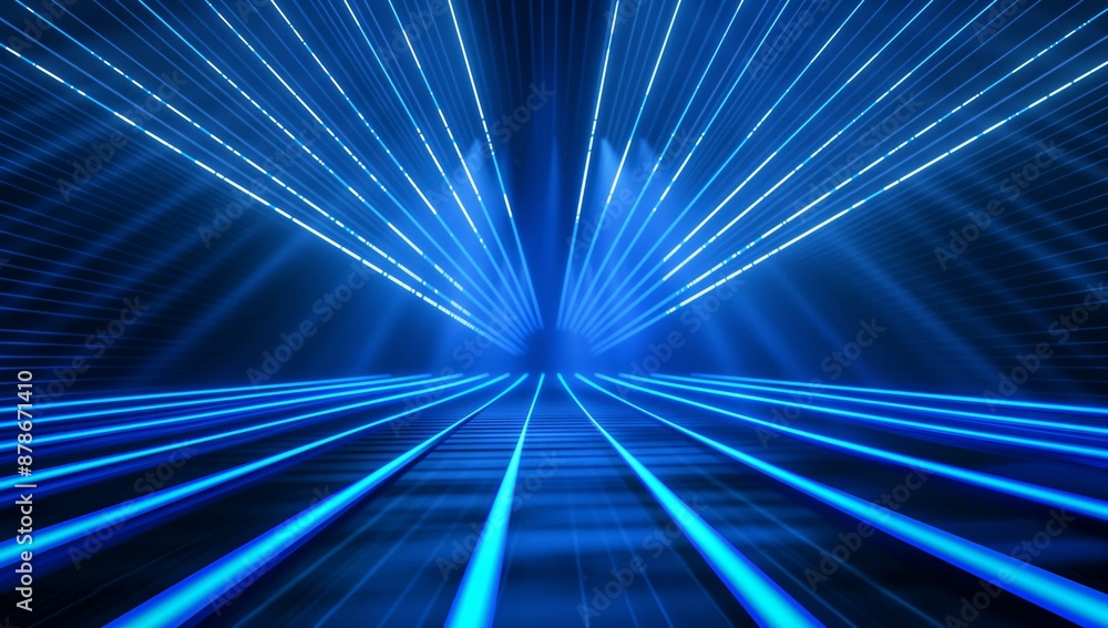 Poster an abstract digital illustration depicting dynamic blue laser beams converging towards a vanishing p