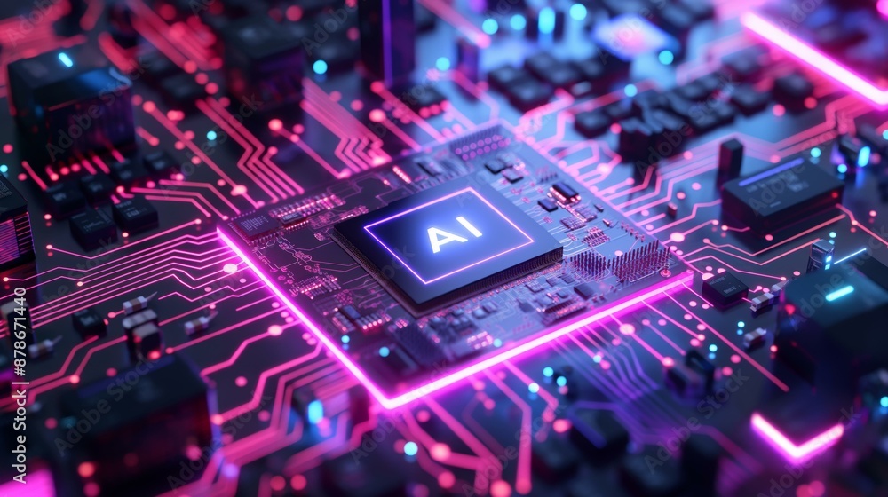 Poster a highly detailed 3d rendering of an ai chip on a blue circuit board, illuminated with vibrant pink 