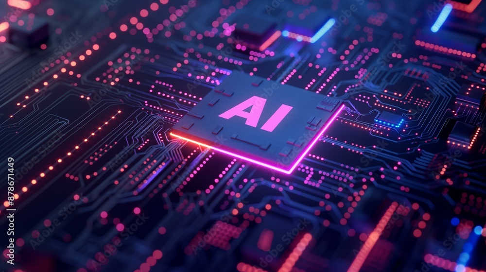 Poster a detailed 3d rendering of an ai chip on a blue circuit board, illuminated with colorful led lights,