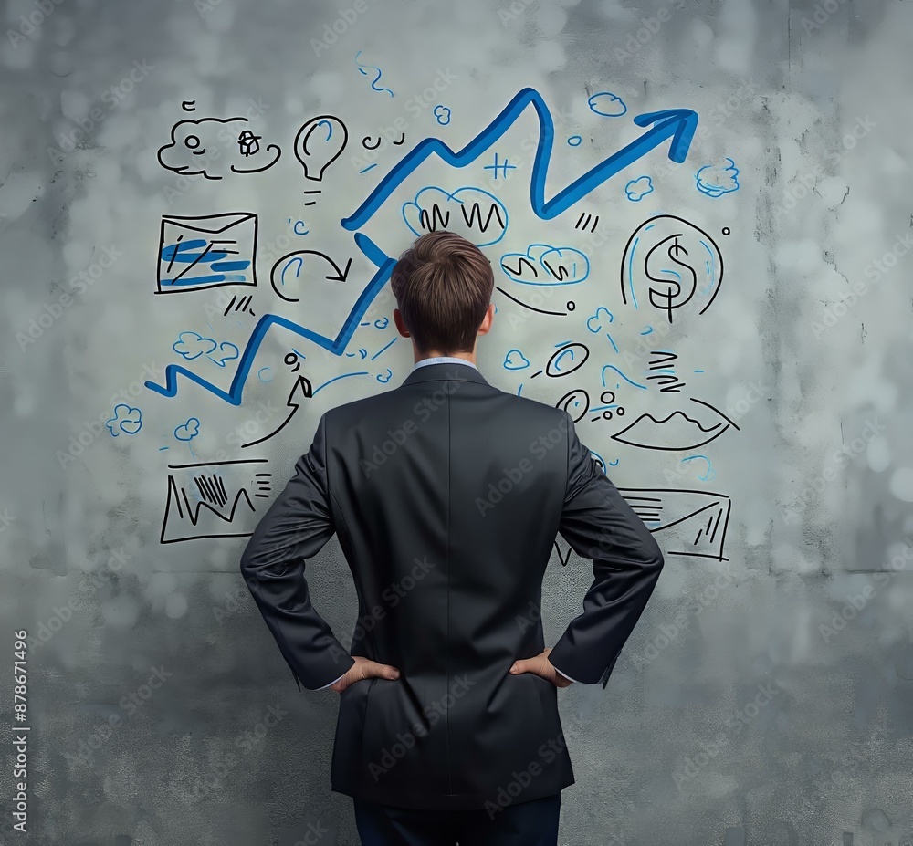 Poster a businessman thinking about growth standing in front of a wall with diagrams and graph sketches.