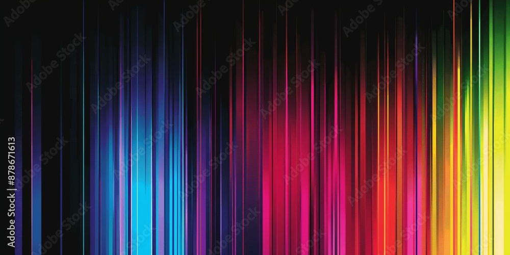Poster a vibrant display of vertical rainbow neon lines on a black background, creating a dynamic and color