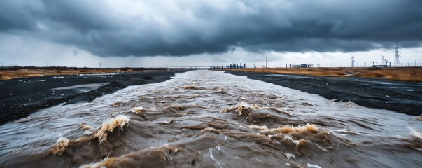 Dramatic storm clouds gather over industrial landscape with turbulent waters, illustrating the powerful force of nature and industrial tension.