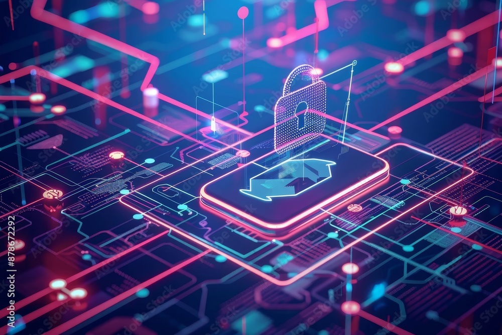 Poster a lock secures data on a computer circuit, symbolizing data protection and privacy in a digital worl