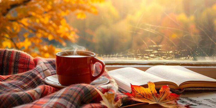 Cozy warm autumn composition with cup of hot tea, book, cozy plaid blanket and autumn leaves by a window on fall day. Autumn home decor.