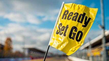 Yellow flag ready set go. Bright yellow flag waving in the wind with the words Ready Set Go.