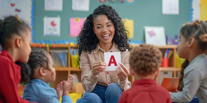 Beautiful professional female teacher of primary school or kindergarten showing a card with A letter to a group of little learners.