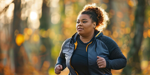 Young plus size woman running in city park on sunny autumn day. Overweight young girl jogging in the street. Weight loss concept.