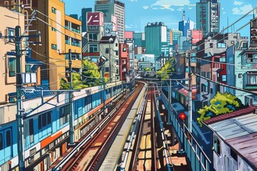 A painting depicting a train moving through a bustling cityscape, Capture the essence of Tokyo's diverse neighborhoods and districts through your artwork