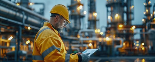 Engineer in protective gear using a tablet at a modern industrial plant with illuminated structures in the background during dusk.