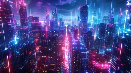 Naklejka premium Futuristic neon-lit cityscape at night, showcasing a vibrant array of lights, towering skyscrapers, and a digital metropolis vibe.
