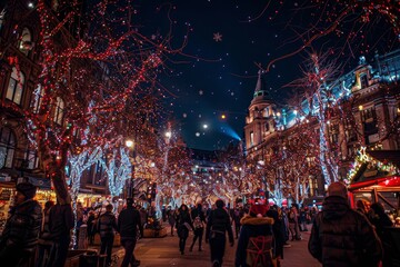 Obraz premium City street adorned with vibrant Christmas lights on Boxing Day, showcasing festive celebrations, Capture the festive atmosphere of Boxing Day in a bustling city square