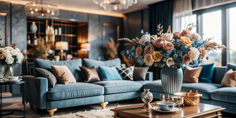 Modern blue living room design with sofa and furniture. Blurred bright living room with sofa and flowers. wide panorama, use for background, digital a