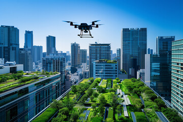 Drone flying over a green roof of organic farming in a modern city.