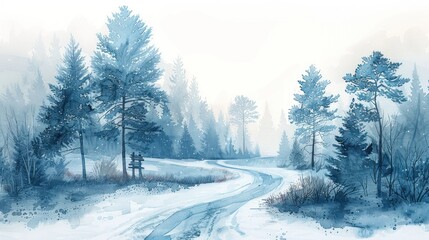 Fototapeta premium Serene winter landscape with a snow-covered forest and winding path, capturing the peaceful charm of a frosty day.
