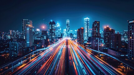 Fototapeta premium Stunning night cityscape with vibrant lights and dynamic traffic flow, showcasing the energy and vibrancy of modern urban life.